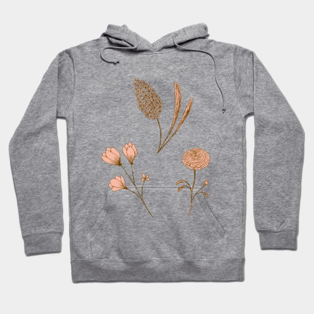 Garden flowers botanical line drawing in coral pink Hoodie by Natalisa